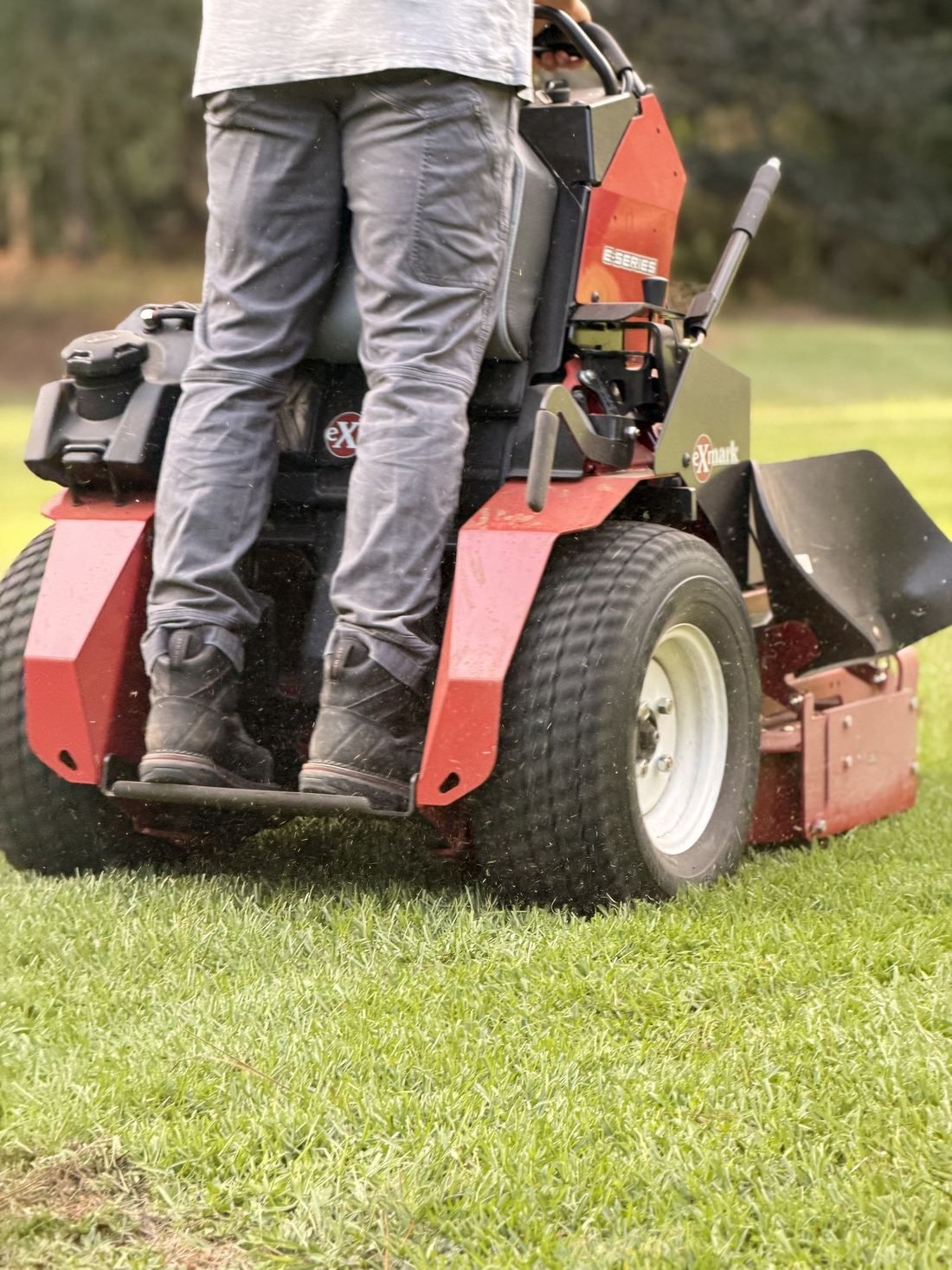 A stander mower striping a Northshore lawn in evening light